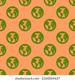 Seamless repeating tiling globe flat icon pattern of pink-orange and avocado color. Background for website.