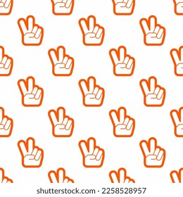 Seamless repeating tiling hand peace o flat icon pattern of white and tangelo color. Design for wrapping paper.