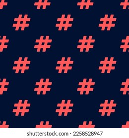Seamless repeating tiling hashtag flat icon pattern of oxford blue and red-orange color. Background for UI design.