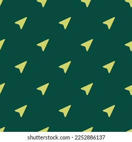 Seamless repeating tiling location arrow flat icon pattern of sacramento state green and hansa yellow color. Background for slides.