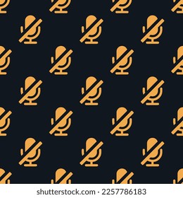 Seamless repeating tiling microphone slash flat icon pattern of dark jungle green and yellow orange color. Two color background.