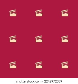 Seamless repeating tiling movie clapper flat icon pattern of deep carmine and peach puff color. Design for brochure cover.