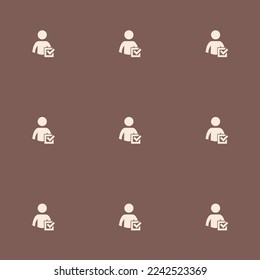 Las personas con baldosas repitiendo sin soldadura marcan la casilla de verificación de un patrón de icono plano de color marrón pastel y blanco. Antecedentes de la pancarta.