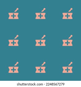Seamless repeating tiling pharmacy  flat icon pattern of teal blue and light salmon pink color. Background for business card.