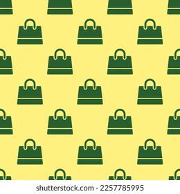 Seamless repeating tiling shopping bag flat icon pattern of mellow yellow and hunter green color. Background for login page.