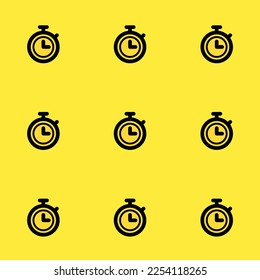 Seamless repeating tiling stopwatch flat icon pattern of banana yellow and black color. Background for slogan.