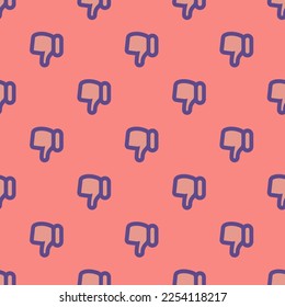 Seamless repeating tiling thumbs down flat icon pattern of ruddy pink and dark lavender color. Background for selfie.