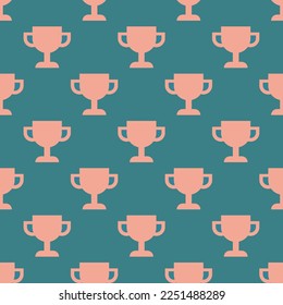 Seamless repeating tiling trophy flat icon pattern of teal blue and light salmon pink color. Backgorund for tablet.