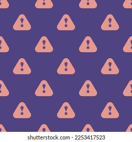 Seamless repeating tiling warning flat icon pattern of dark lavender and ruddy pink color. Background for advertisment.