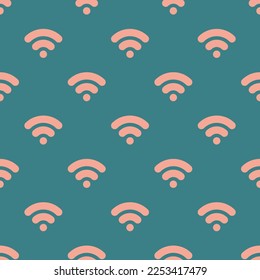 Las baldosas que se repiten sin inconveniente wi fi son un patrón de ícono plano de color azul y salmón claro. Antecedentes de la oficina.