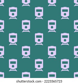 Seamless repeating train sharp flat icon pattern, celadon green and pale lavender color. Background for kitchen.