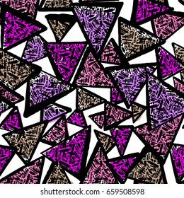Seamless repeating Triangles, ink brush strokes pattern in doodle grunge texture style.Handdrawn trendy design, watercolor blotted background for a logo, cards, invitations, posters, banners.