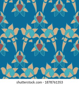 Seamless repeating vector abstract pattern in peach and blue in a symmetrical arrangement on a blue background