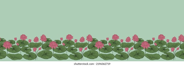 Seamless repeating vector border design pattern of waterlilies or lotus flowers, buds and lotus pads. Great for textiles, stationery, decor, invites, decorative, contemporary style