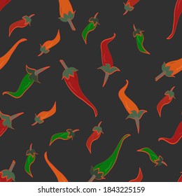 Seamless repeating vector cheerful chilli design in red, green and orange on a charcoal backdrop. Isolated chillies in a scattered arrangement in bright shades make a fun kitchen surface design.