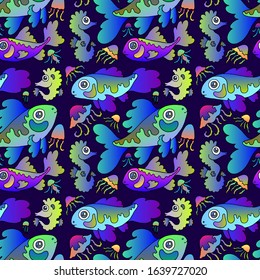 seamless repeating vector colored pattern with funny fishes