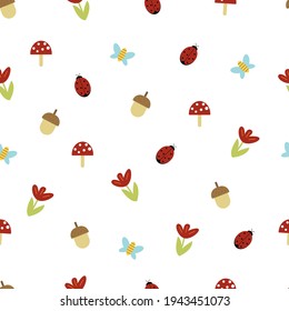 Seamless repeating vector design. Acorns, mushrooms, bees, flowers and ladybugs on a white background