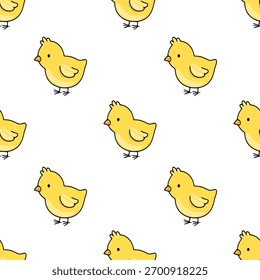 Seamless repeating vector pattern of adorable yellow chicks with simple outlines and soft shading, perfect for spring and Easter themes.