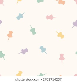 Padrão de vetor repetitivo contínuo com pinos coloridos de empurrar pastel espalhados em rosa, azul, verde, amarelo e roxo no fundo de creme claro. Ideal para papéis de parede alegres, tecido, design de papelaria.