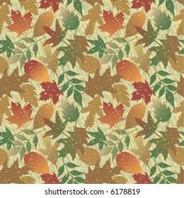 A seamless, repeating vector pattern of grunged Autumn leaves.