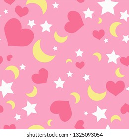 Seamless repeating vector pattern of hearts stars moons on a coral pink background