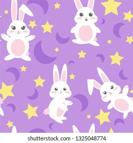Seamless repeating vector pattern of kawaii bunnies on purple and yellow stars and moons background.