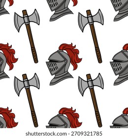 Padrão vetorial contínuo repetitivo de capacetes cavaleiros medievais com plumas vermelhas e eixos de batalha, apresentando um tema de guerra histórico com uma estética gráfica estilizada.
