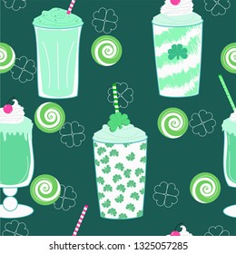 Seamless repeating vector pattern of mint milkshakes with shamrocks