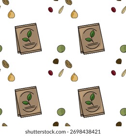 Seamless repeating vector pattern of seed packets and various seeds, depicting growth and gardening.