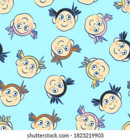 Seamless repeating vector scalable pattern of little girls faces in a scattered and isolated arrangement on blue. Cute and quirky great for girls surface prints. A fun design good for school projects 