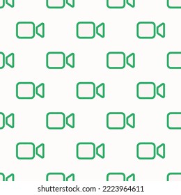 Seamless repeating videocam outline flat icon pattern, white smoke and medium sea green color. Design for notes.