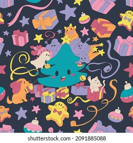 Seamless repetative christmas tree and new year celebration pattern with doodle characters and ornaments in CMYK resizable vector illustration usable for textile, clothing and prints