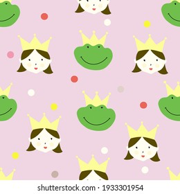Seamless repeted pattern with cute little girl's portraits and froggy in crown. Fairy-tale print. Vector childish print. Seamless pattern design with hand drawn  faces princess and froggy.
