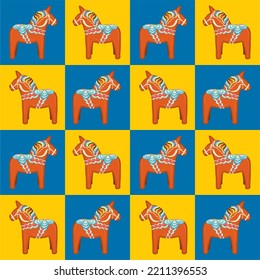 Seamless repetetive pattern with Swedish symbol Dalahäst on pattern in colors of Swedish flag. Vector illustration.