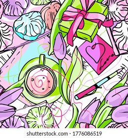 Fondo repetitivo y sin inconvenientes para imprimir sobre telas, empaques, postales y papel tapiz.Dibujo gráfico de una mesa en un café, una copa.Imagen de dulces y un ramo de tulipanes.Un regalo para tu amado