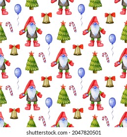 Seamless repetitive pattern with cute Christmas gnomes and fur trees and decorations depicted on white background