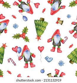 Seamless repetitive pattern with cute Christmas gnomes and fur trees and decorations depicted on white background