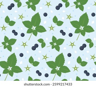 A seamless repetitive pattern featuring Jiaogulan leaves, round berries, and geometric shapes on a light blue background. Perfect for nature-themed designs, backgrounds, and textiles.