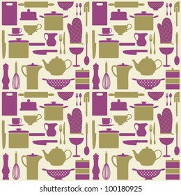 Seamless repetitive pattern with kitchen items in retro style.