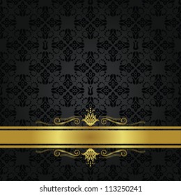 Seamless repetitive small black element pattern and gold ribbon. Can be used as a book cover or a menu cover.