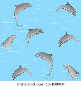 Seamless rest on the sea, three dolphins play in the water. Vector illustration
