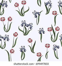 Seamless retro 1940s liberty pattern in flowers of cute tulips, irises. Vintage floral background for textile, wallpaper, pattern fills, covers, surface, print, gift wrap, scrapbooking, decoupage.