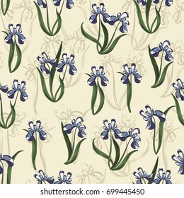 Seamless retro 1940s pattern in flowers of cute irises. Vintage floral background for textile, wallpaper, pattern fills, covers, surface, print, gift wrap, scrapbooking, decoupage.