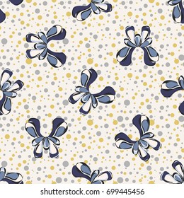 Seamless retro 1940s pattern in flowers of cute irises. Vintage floral polka dots background for textile, wallpaper, pattern fills, covers, surface, print, gift wrap, scrapbooking, decoupage.