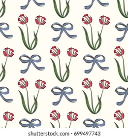 Seamless retro 1940s pattern in flowers of cute tulips, ribbons. Vintage floral background for textile, wallpaper, pattern fills, covers, surface, print, gift wrap, scrapbooking, decoupage.
