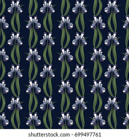 Seamless retro 1940s pattern in flowers of cute irises. Vintage floral background for textile, wallpaper, pattern fills, covers, surface, print, gift wrap, scrapbooking, decoupage.