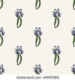 Seamless retro 1940s pattern in flowers of cute irises. Vintage floral background for textile, wallpaper, pattern fills, covers, surface, print, gift wrap, scrapbooking, decoupage.