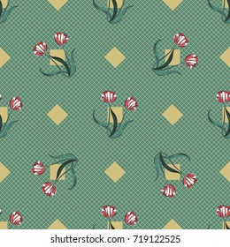 Seamless retro 1940s pattern in flowers of cute tulips. Vintage floral sea striped background for textile, wallpaper, covers, surface, print, gift wrap, scrapbooking, decoupage. Trendy colors