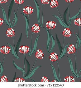 Seamless retro 1940s pattern in flowers of cute tulips. Vintage floral sea striped background for textile, wallpaper, pattern fills, covers, surface, print, gift wrap, scrapbooking, decoupage