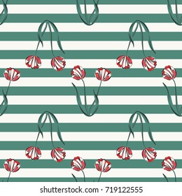 Seamless retro 1940s pattern in flowers of cute tulips. Vintage floral sea striped background for textile, wallpaper, pattern fills, covers, surface, print, gift wrap, scrapbooking, decoupage